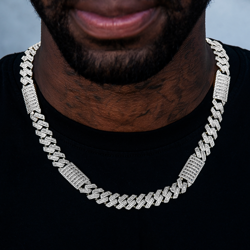 Diamond Baguette Station Cuban Chain in White Gold- 12mm