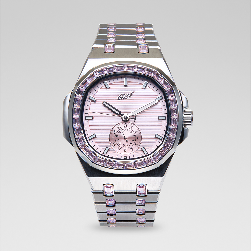 39MM Visionary Moissanite Iced Pink Stone Band Watch - White Gold
