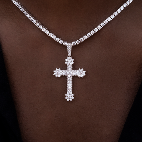 Diamond Flower Cross Pendant in White Gold