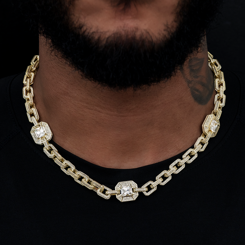 Diamond Rock Cable Link Station Chain in Yellow Gold