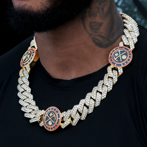 Denver Nuggets Official NBA Diamond Prong Cuban Chain in Yellow Gold- 25mm