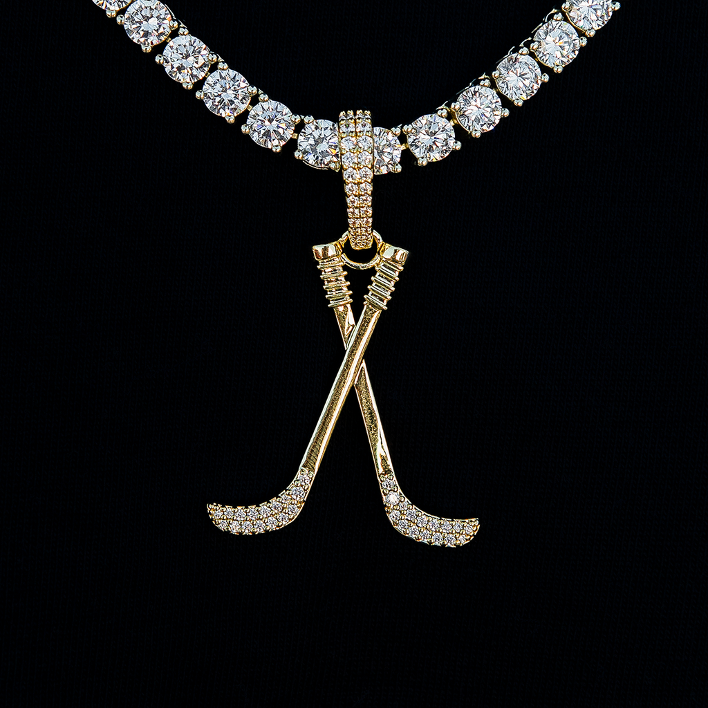Iced Hockey Sticks Pendant in Yellow Gold