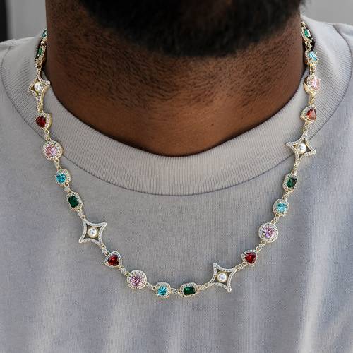 Colored Gemstone Pearl Chain in Yellow Gold - 17mm