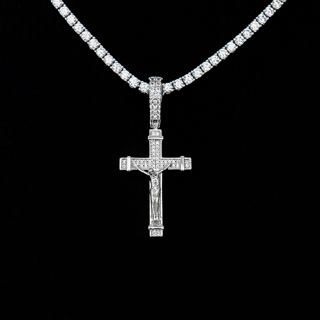 Iced Flat Crucifix Cross Pendant in White Gold