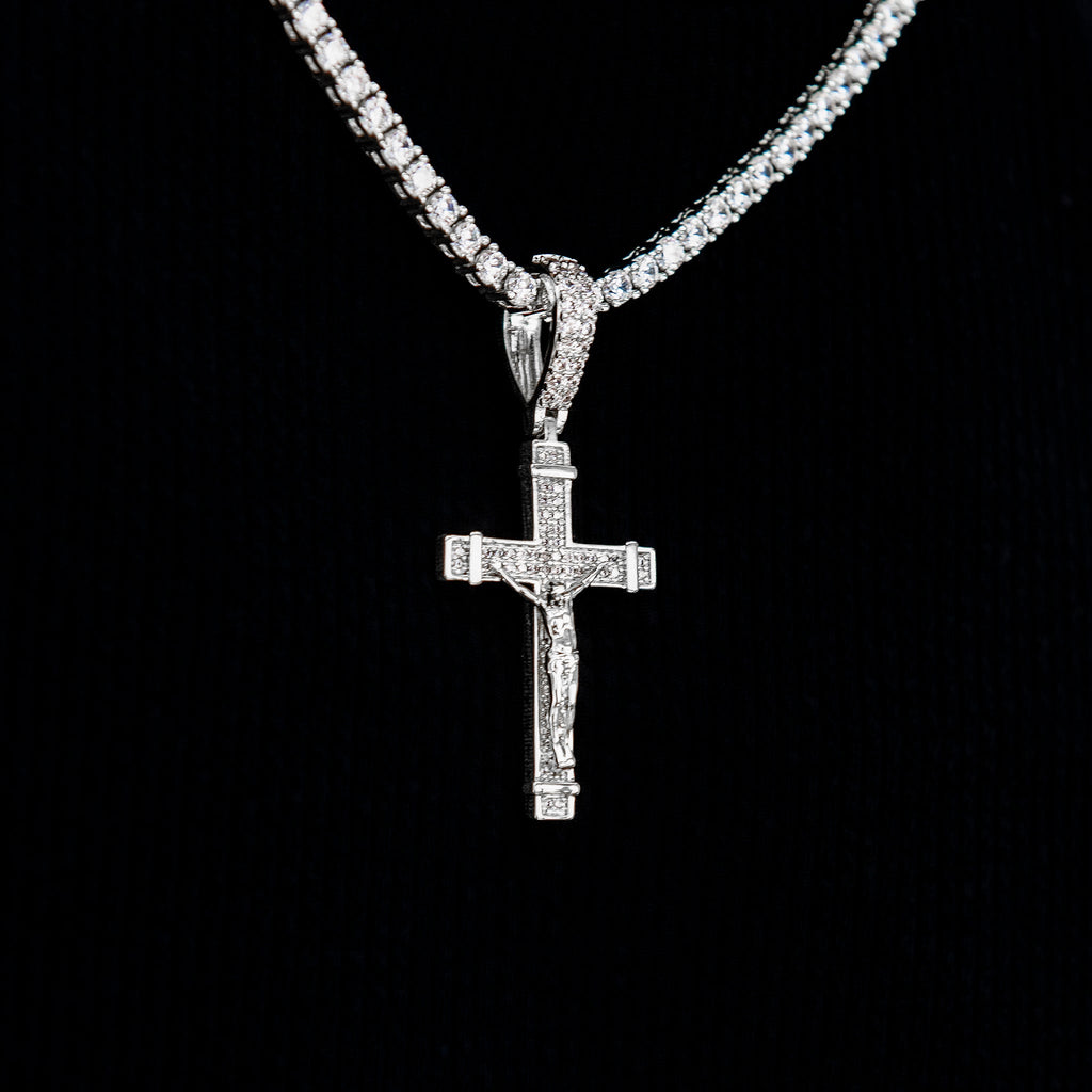 Iced Flat Crucifix Cross Pendant in White Gold