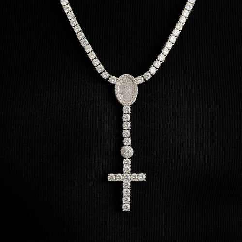 Diamond Eternity Tennis Cross Rosary Lariat in White Gold - 5mm