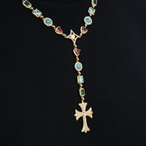 Colored Gemstone Pearl Rosary Chain Necklace in Yellow Gold