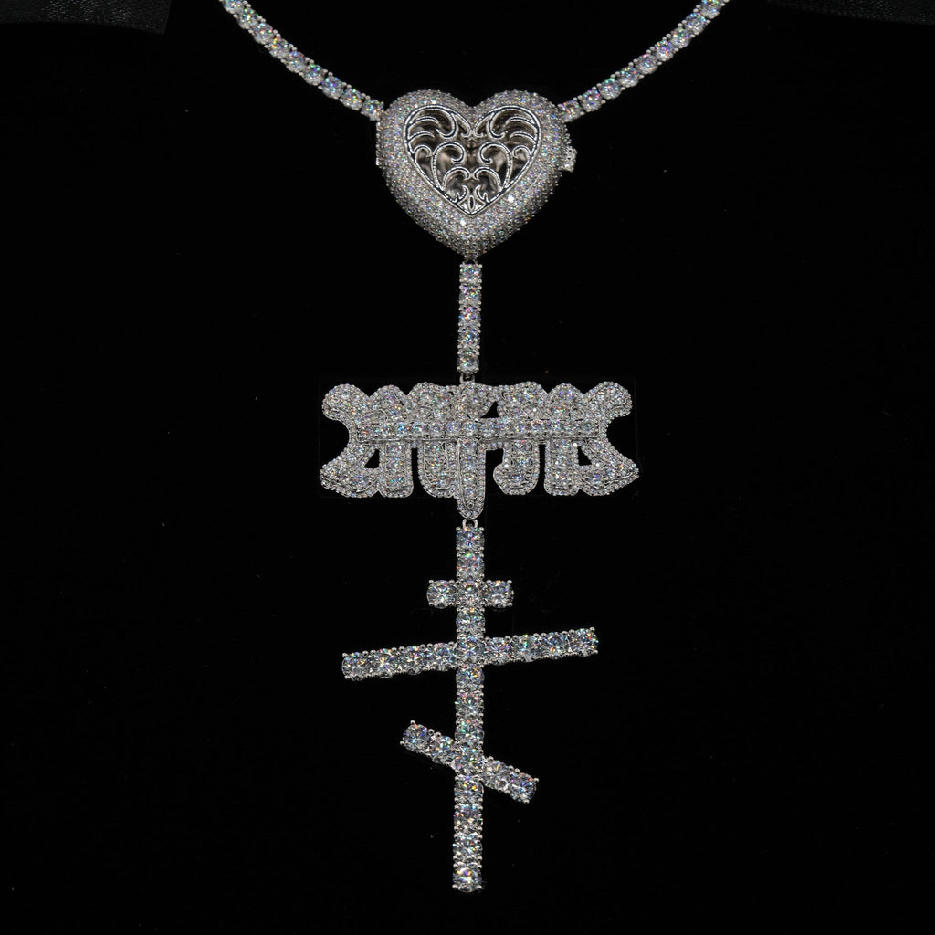 GLD X Bloody Osiris Moissanite Locket Rosary Chain in White Gold Vermeil