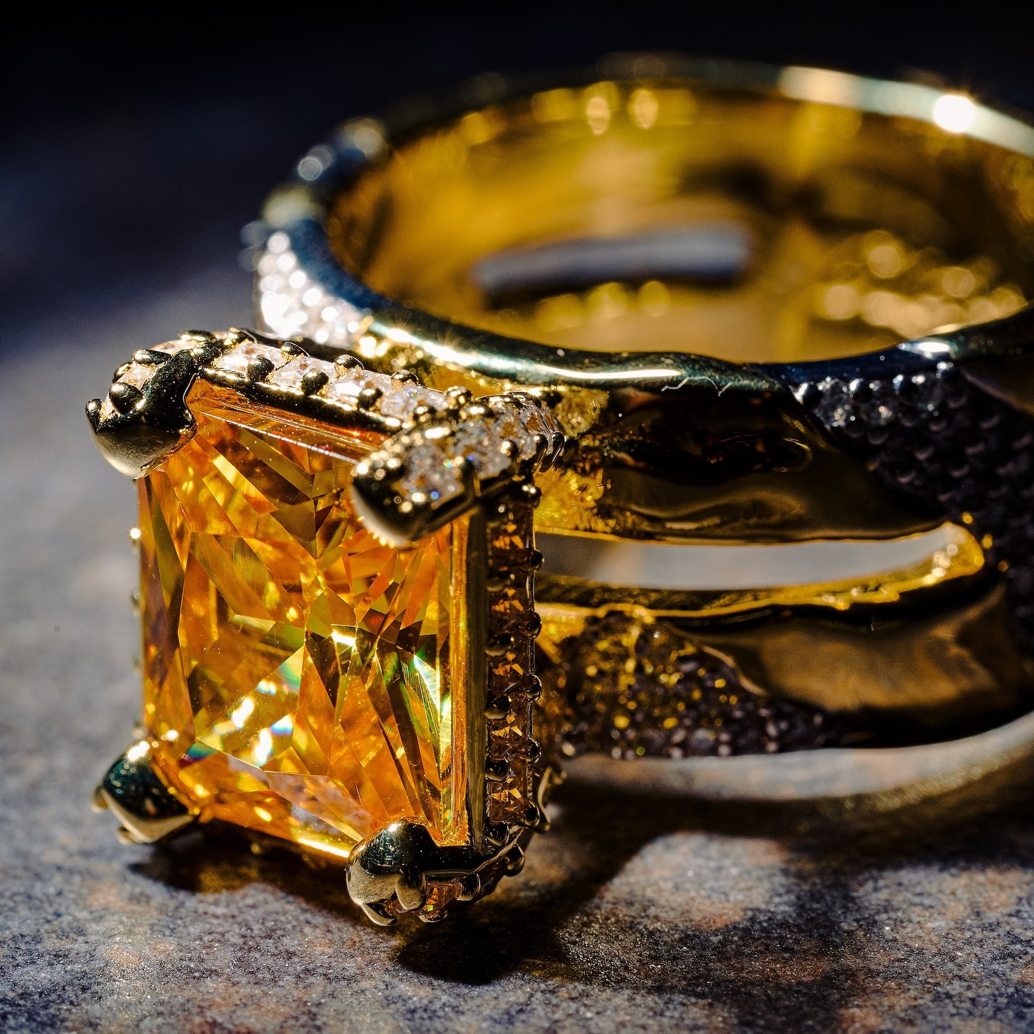GLD X Bloody Osiris Lab Diamond Canary Two Tone Rock Ring in Solid Yellow Gold