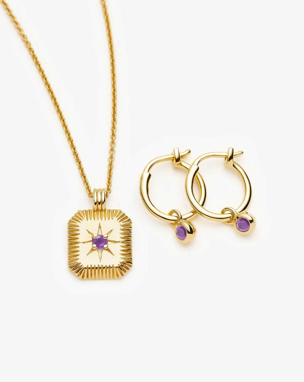February Birthstone Necklace & Charm Earrings Set | 18k Gold Vermeil/Amethyst