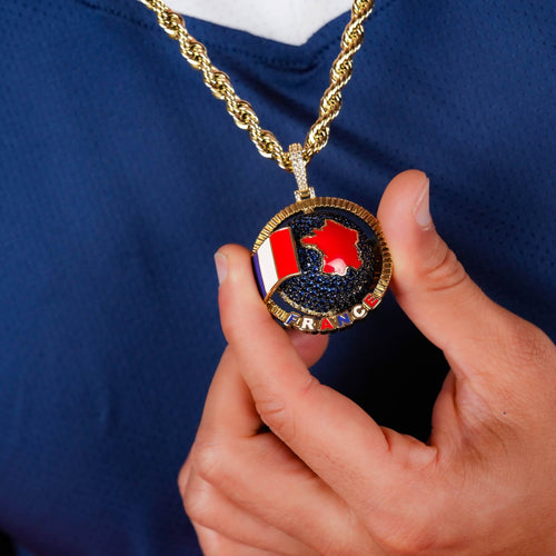Diamond France Spinning Globe Flag Pendant in Yellow Gold